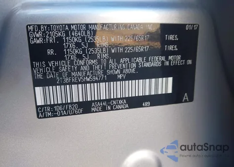 2017 Toyota Rav4 Le из США, поврежденный, VIN 2T3BFREV5HW594771